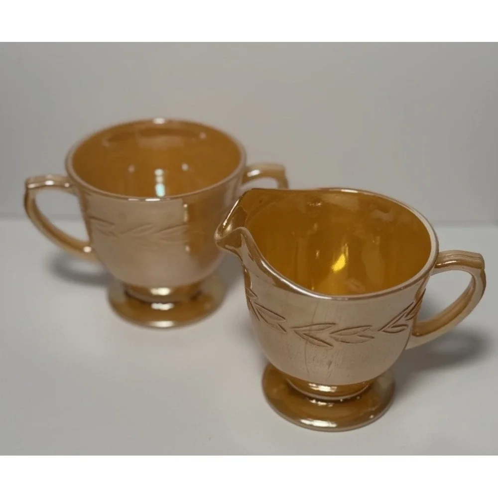 Fire King Oven Ware Peach Luster / Laurel Leaf Cream and Sugar Bowl Set Vintage